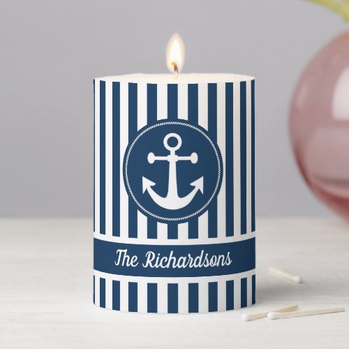 Nautical Anchor with Rope on Navy Blue Stripes Pillar Candle