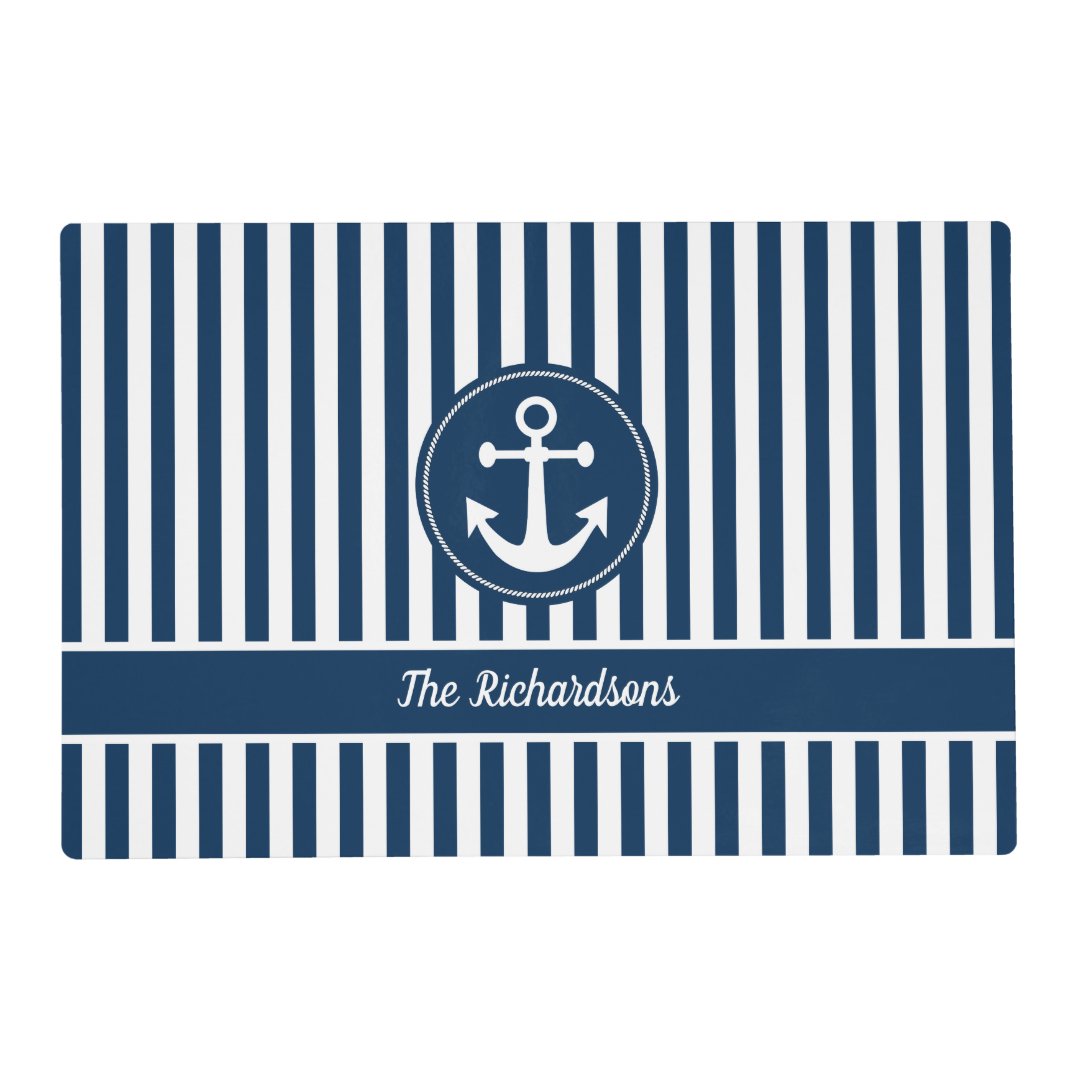Nautical Anchor with Rope on Navy Blue Stripes Placemat Zazzle