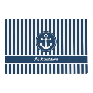 Nautical Anchor with Rope on Navy Blue Stripes Placemat