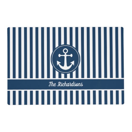 Nautical Anchor with Rope on Navy Blue Stripes Placemat