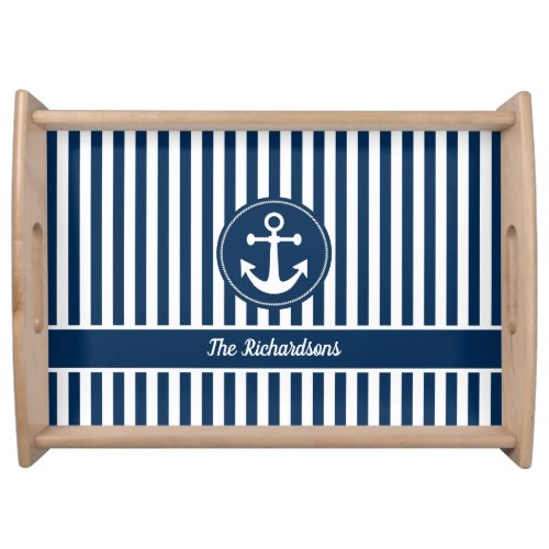 Nautical Anchor with Rope on Navy Blue Stripes Serving Tray