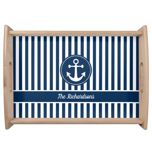 Nautical Anchor with Rope on Navy Blue Stripes Serving Tray (Front)