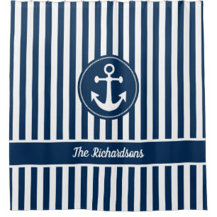 Nautical Anchor with Rope on Navy Blue Stripes Shower Curtain