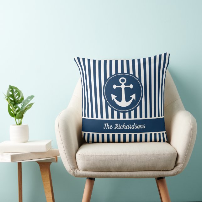 Nautical Anchor with Rope on Navy Blue Stripes Throw Pillow (Chair)