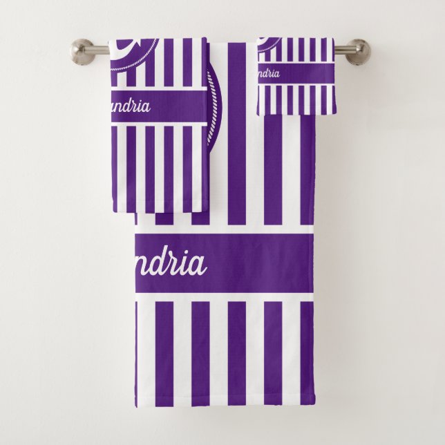 Nautical Anchor with Rope Purple and White Stripes Bath Towel Set (Insitu)