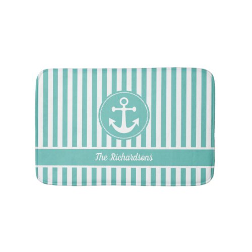 Nautical Anchor with Rope Teal and White Stripes Bath Mat