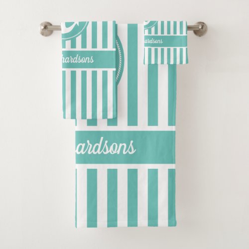 Nautical Anchor with Rope Teal and White Stripes Bath Towel Set