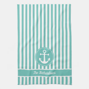 Nautical Anchor with Rope Teal and White Stripes Kitchen Towel