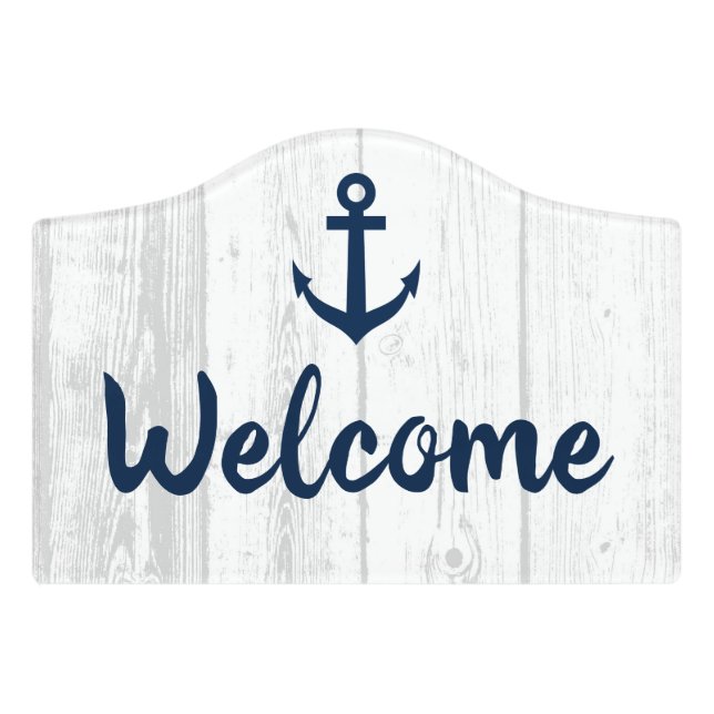 Nautical anchor with rustic wood texture welcome door sign (Small Crest Front)