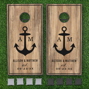 Nautical Anchor Wood Grain Wedding Monogram Cornhole Set