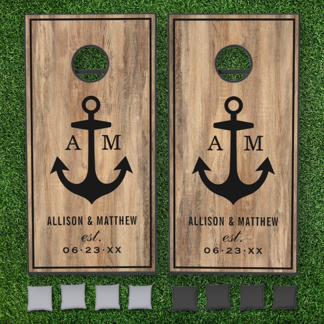 Nautical Anchor Wood Grain Wedding Monogram Cornhole Set (Creator Uploaded)