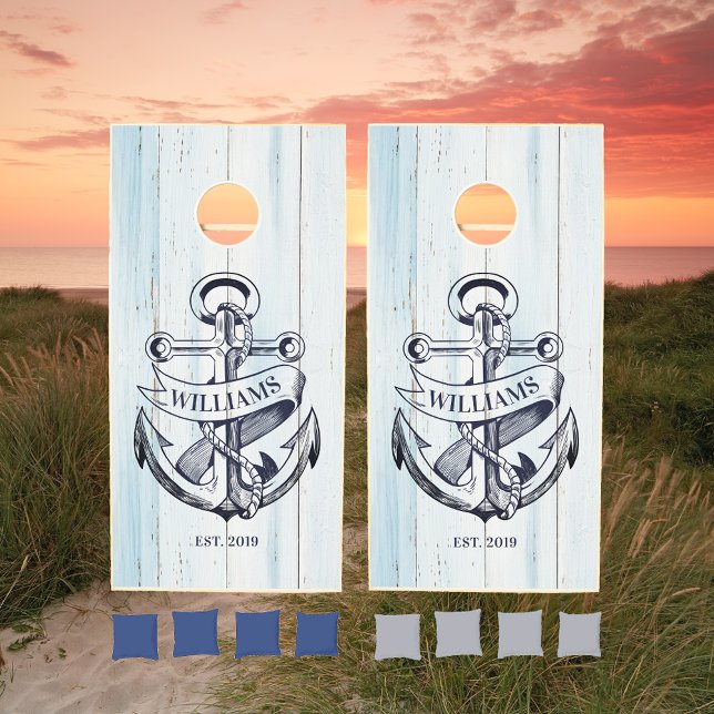 Nautical Anchor Wood Plank Family Name Cornhole Set (Creator Uploaded)