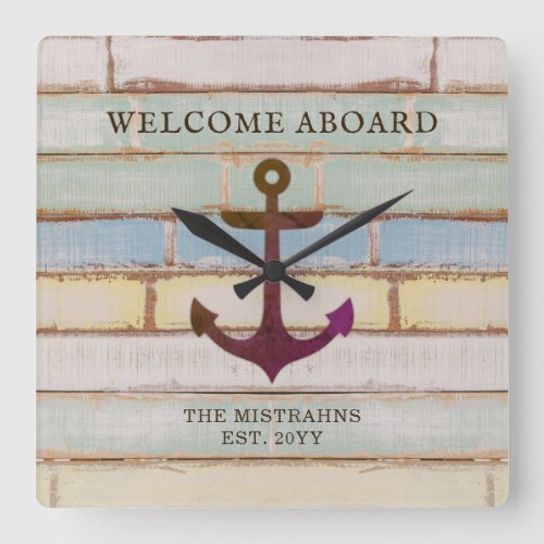 Nautical Anchor Wood Welcome Aboard Boat Name Square Wall Clock