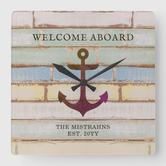 Nautical Anchor Wood Welcome Aboard Boat Name Square Wall Clock | Zazzle
