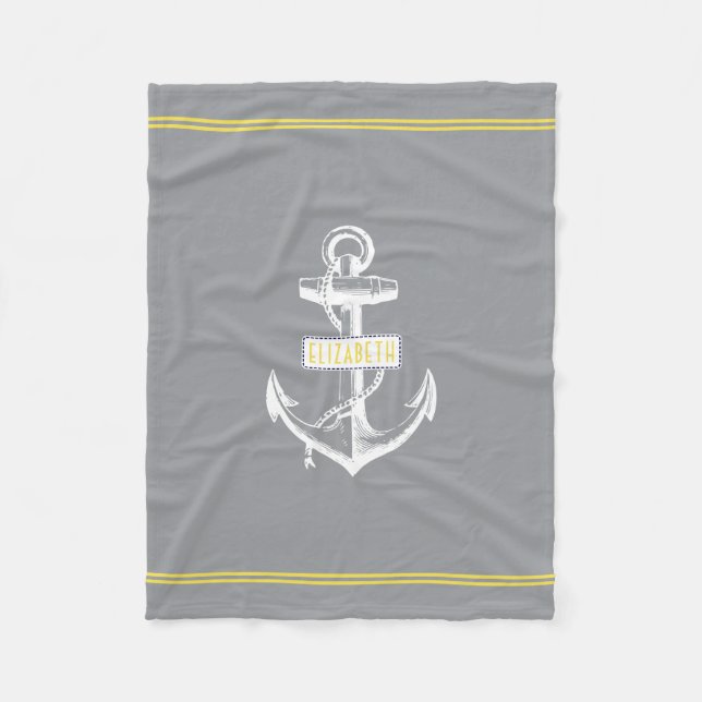 Nautical anchor yellow lines ultimate gray fleece blanket (Front)