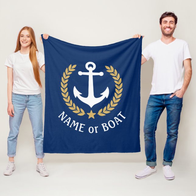 Nautical Anchor Your Boat Name Gold Laurel Navy Fleece Blanket (In Situ)