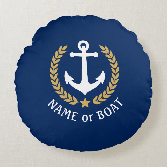 Nautical Anchor Your Boat Name Gold Laurel Navy Round Pillow (Front)