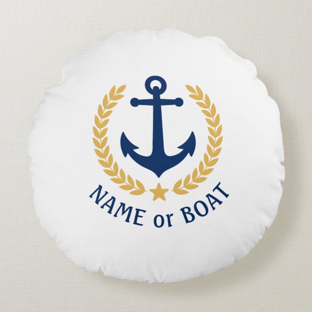 Nautical Anchor Your Boat Name Gold Laurel White Round Pillow (Front)