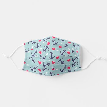 Nautical  Anchors And Hearts Pattern Adult Cloth Face Mask by VintageDesignsShop at Zazzle