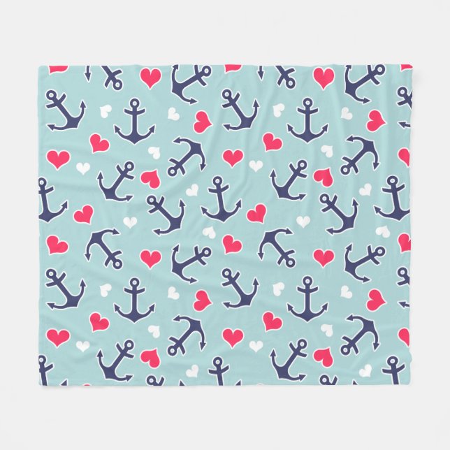 Nautical Anchors and Hearts Pattern Fleece Blanket (Front (Horizontal))
