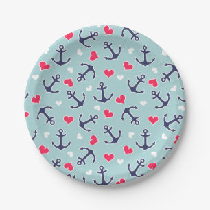 Nautical Anchors and Hearts Pattern Paper Plates