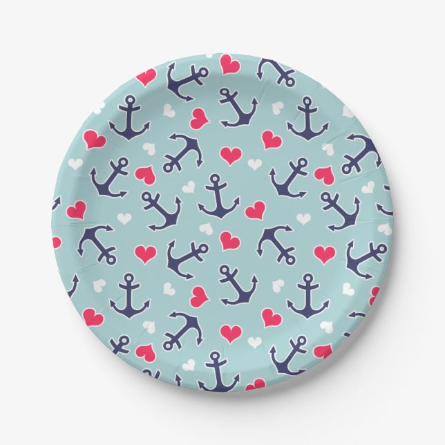 Nautical Anchors and Hearts Pattern Paper Plates (Front)