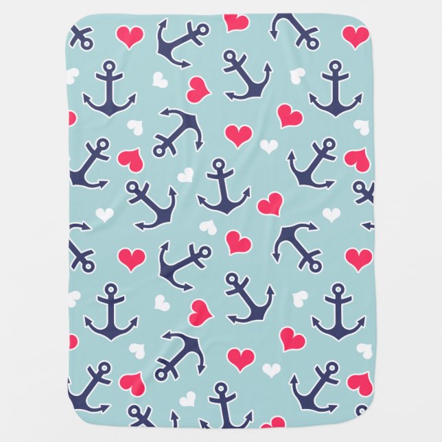 Nautical Anchors and Hearts Pattern Swaddle Blanket (Front)
