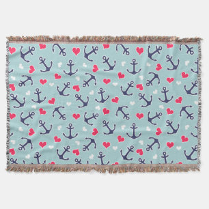 Nautical Anchors and Hearts Pattern Throw Blanket