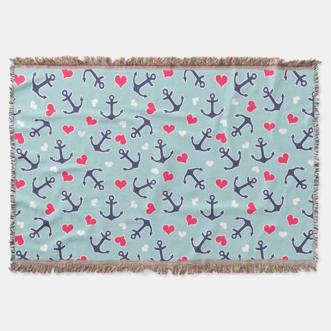 Nautical Anchors and Hearts Pattern Throw Blanket (Front)