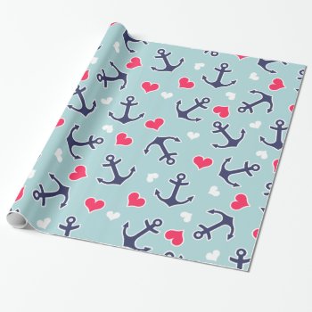Nautical Anchors And Hearts Pattern Wrapping Paper by VintageDesignsShop at Zazzle