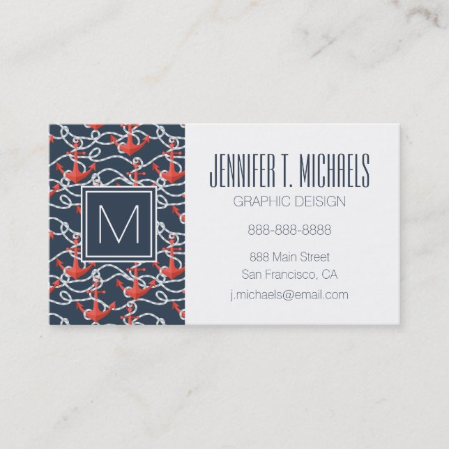 Nautical Anchors And Rope Pattern Business Card (Front)