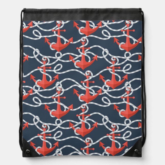 Nautical Anchors And Rope Pattern Drawstring Bag (Front)