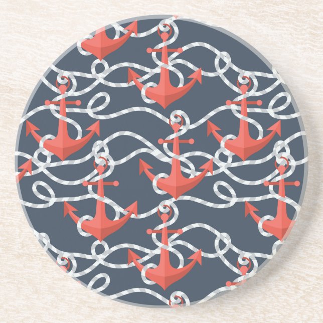 Nautical Anchors And Rope Pattern Sandstone Coaster (Front)