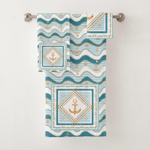 Nautical Anchors and Waves  Bath Towel Set