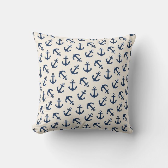Nautical Anchors Aweigh Pattern Navy Throw Pillow (Front)
