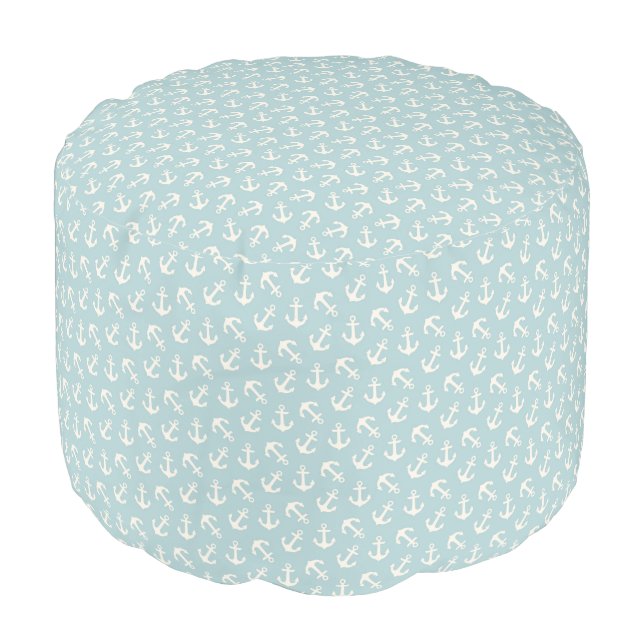 Nautical Anchors Aweigh Pattern Sea Foam Green Pouf (Angled Front)