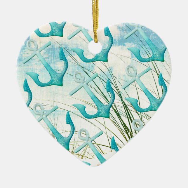 Nautical Anchors Beach Ocean Seaside Coastal Theme Ceramic Ornament (Front)