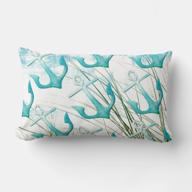 Nautical Anchors Beach Ocean Seaside Coastal Theme Lumbar Pillow (Front)