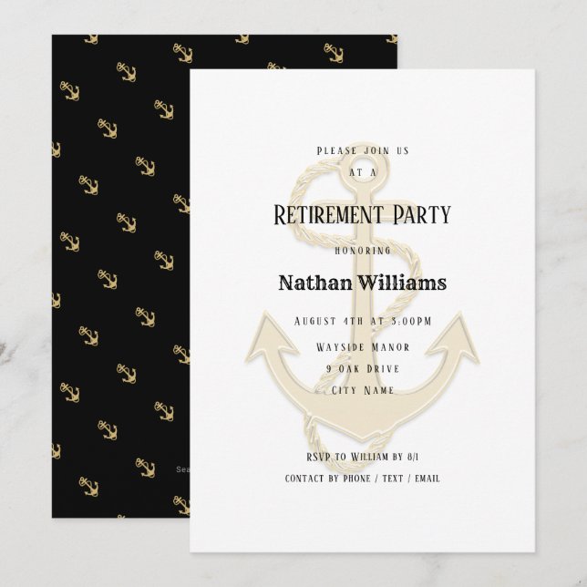 Nautical Anchors Black Gold Custom Retirement Invitation (Front/Back)