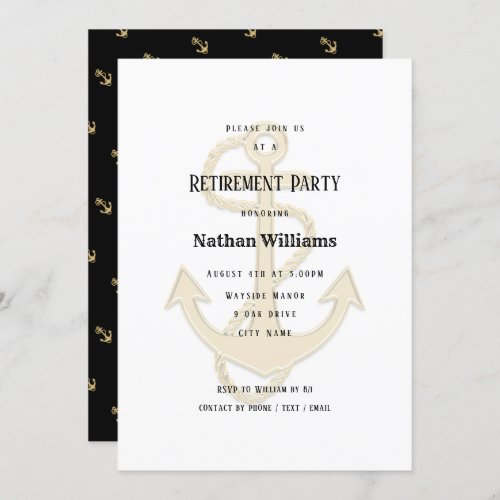 Nautical Anchors Black Gold Custom Retirement Invitation