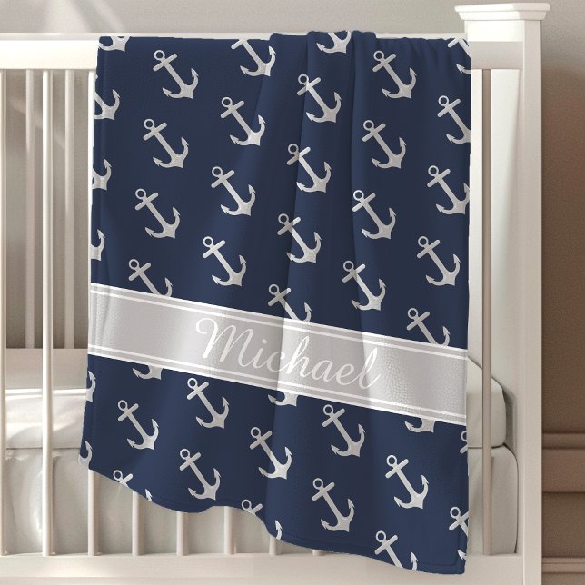 Nautical Anchors Blue Baby Boy Personalized Stroller Blanket (Creator Uploaded)