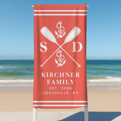Beach Towels 5 Nautical Anchors Boat Oars Family Monogram Coral Beach Towel
