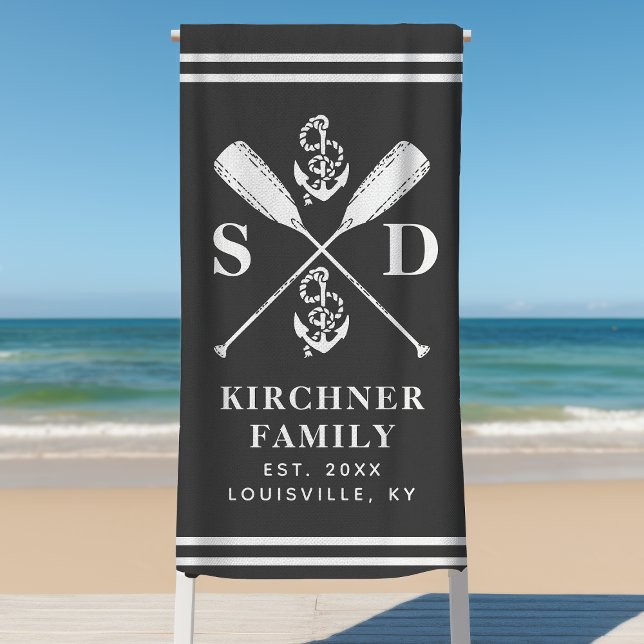 Nautical Anchors Boat Oars Family Monogram Gray Beach Towel (Creator Uploaded)
