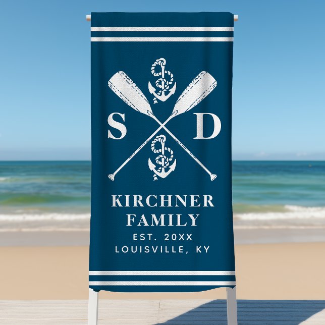 Nautical Anchors Boat Oars Family Monogram Navy Beach Towel (Creator Uploaded)