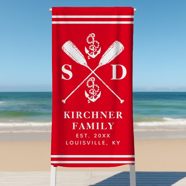 Nautical Anchors Boat Oars Family Monogram Red Beach Towel (Creator Uploaded)