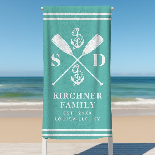 Nautical Anchors Boat Oars Family Monogram Teal Beach Towel