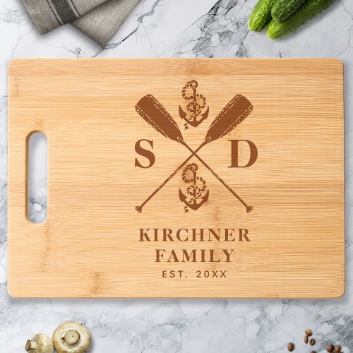 Nautical Anchors Boat Oars Family Name Monogram Engraved Cutting Board