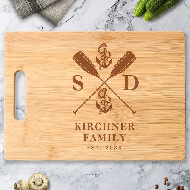 Nautical Anchors Boat Oars Family Name Monogram Engraved Cutting Board (Creator Uploaded)