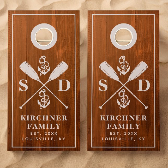 Nautical Anchors Boat Oars Rustic Wood Monogram Cornhole Set (Creator Uploaded)