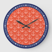 Nautical Anchors Coral Pink Navy Blue Coastal Large Clock